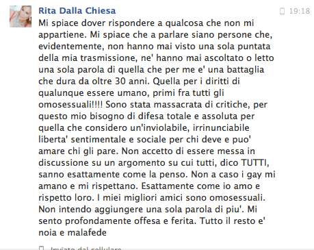 Rita Dalla Chiesa Risposta attacchi omofobia